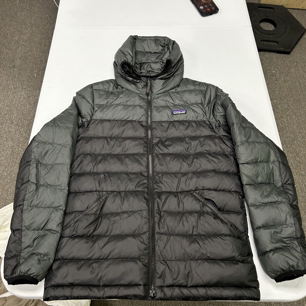 Patagonia Hi-Loft Down Hoody Mens M Grey Colorblock Puffer Jacket 84902
